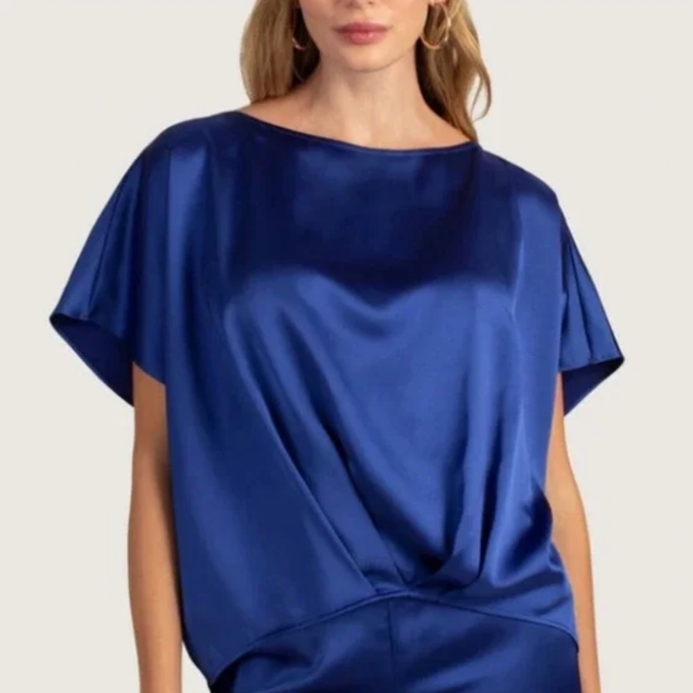 Trina Turk 'Pastilla' Short-Sleeve Satin Top, Majorelle Blue